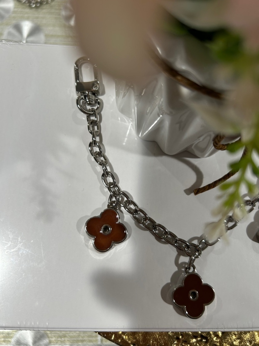 392. Silver Bag Chain with Chunky Double Sided Brown Flower Charms. 10” - Picture 3 of 3